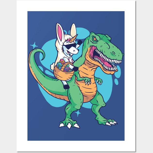 Unicorn in Bunny Suit Riding Dinosaur Wall Art by SLAG_Creative